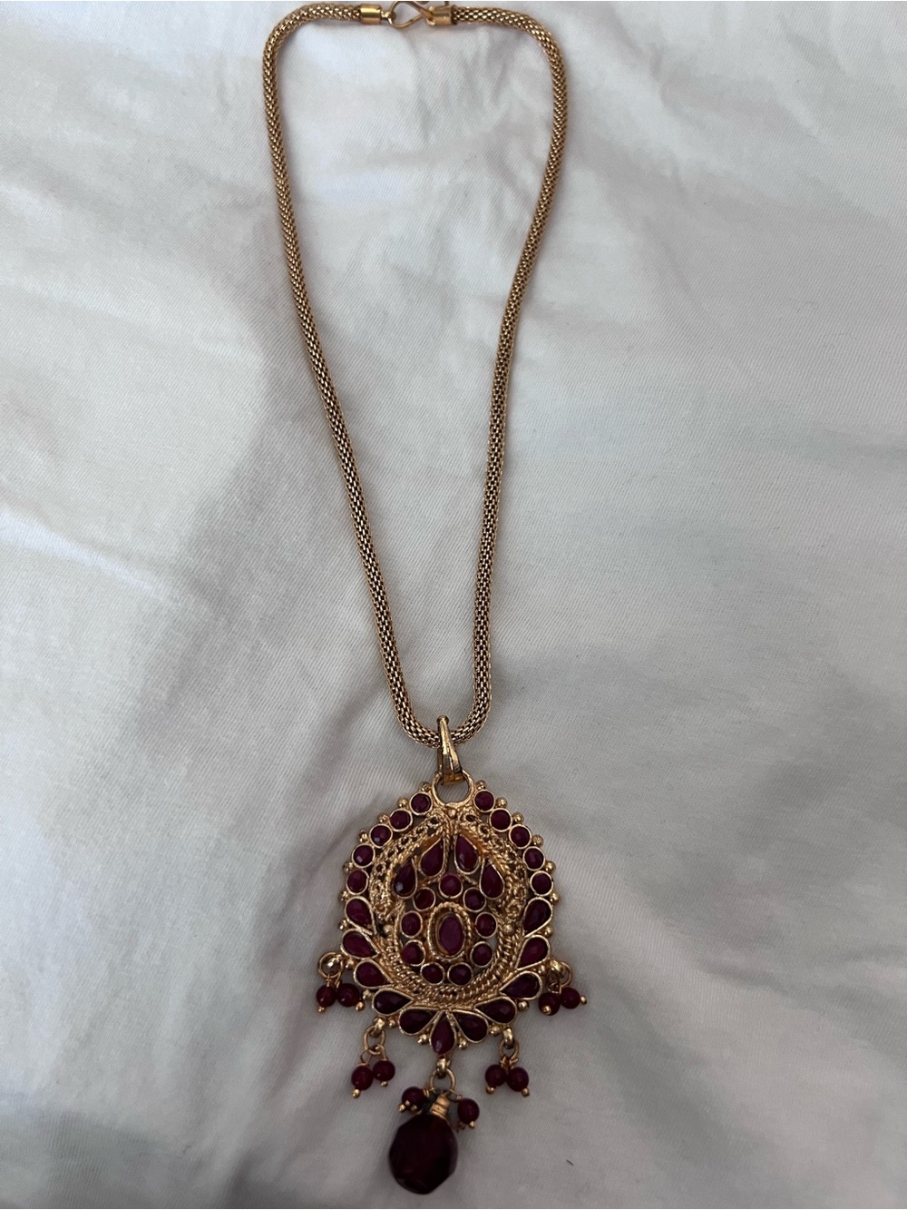 Gold-Tone Necklace with Red Gemstone Pendant